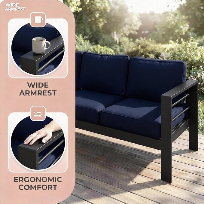 Kiss the Water Outdoor Couch Aluminum Patio Furniture Sofa, 3 Seat All-Weather - Image 4