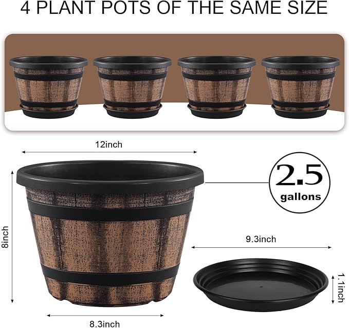 Quarut Plant Pots Set of 4 Pack 12 inch, Large Whiskey Barrel Planters - Image 2