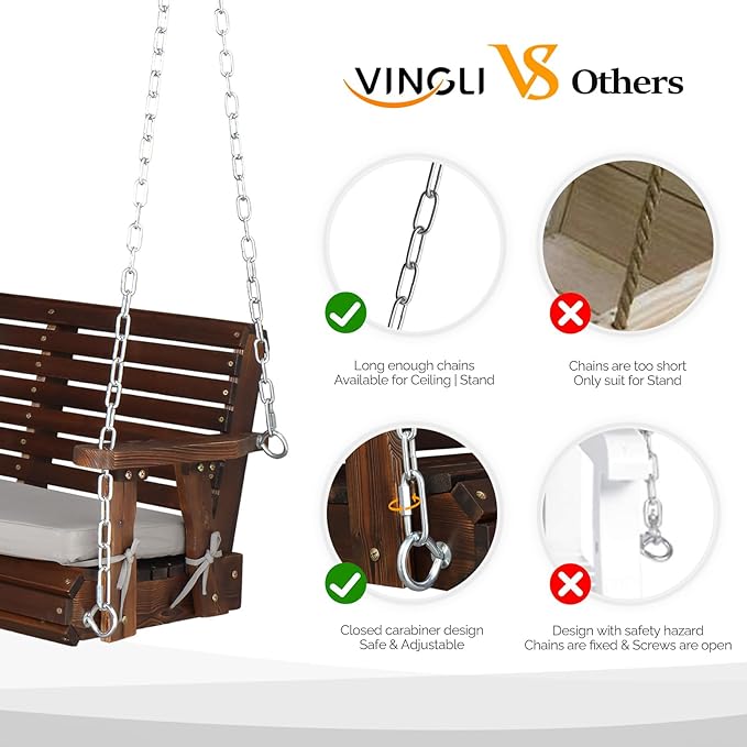 VINGLI Heavy Duty 880 LBS Patio Wooden Porch Swing Outdoor - Image 5