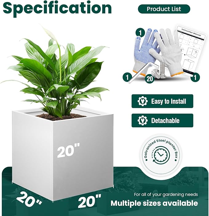White Outdoor Planter Square Steel Planters Galvanized Steel Planter Box 20 - Image 2