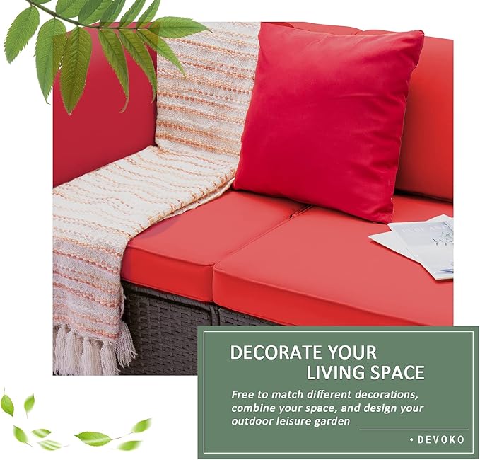 Devoko 2-Piece Modern Red Rattan & Metal Patio Sofa Set - Image 3