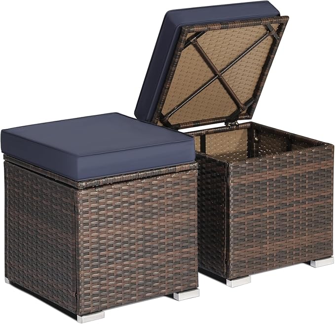RELAX4LIFE Wicker Outdoor Storage Ottoman, 2-Piece Rattan Footstool w/Removable by RELAX4LIFE