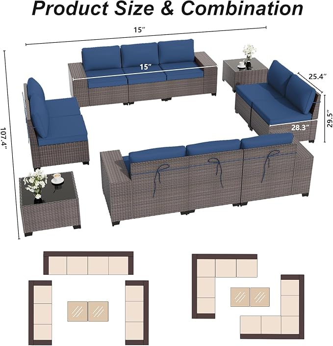 ALAULM 12 Pieces Outdoor Patio Furniture Set Sectional Sofa Sets Brown PE - Image 5