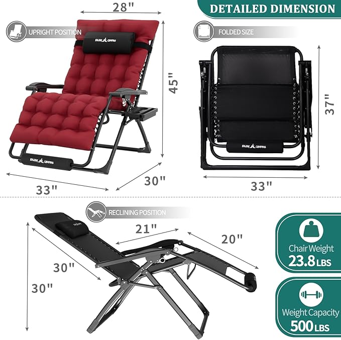 UDPATIO Oversized Zero Gravity Chair Set of 2, 29In XXL Patio Reclining Chair - Image 3
