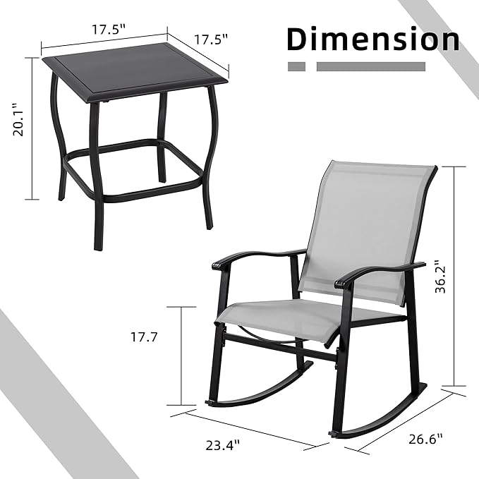 Vongrasig 3 Piece Outdoor Rocking Bistro Set, Textilene Fabric Small Patio - Image 6