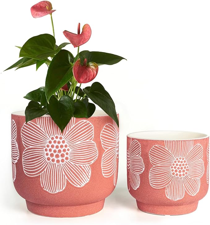 YBX 8 Inch + 6 Inch White Flower Pattern Plant Pots, Sand Glazed Ceramic Planter by YBXYIBOXUAN