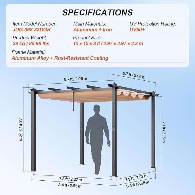 VEVOR 10'x10' Outdoor Retractable Pergola - Image 7
