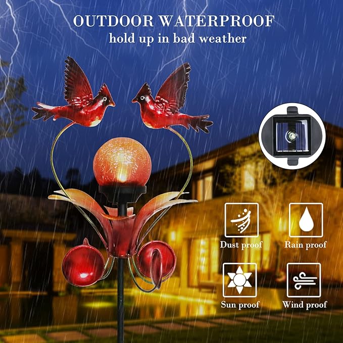 VCUTEKA Cardinal Solar Lights Outdoor Metal Garden Stake Waterproof Crackle - Image 4