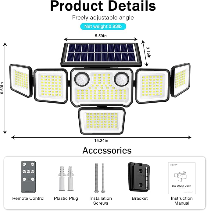 6000LM Solar Lights Outdoor Waterproof, 6 Heads Solar Flood Lights Outdoor - Image 3