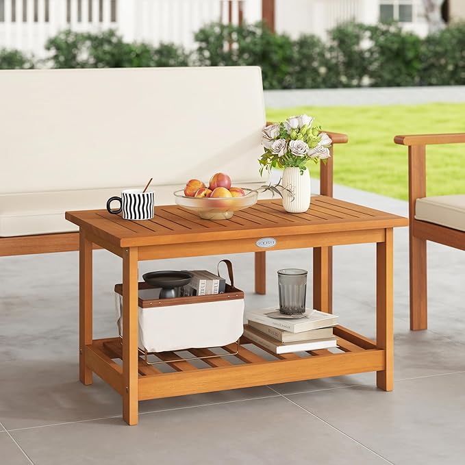 Tangkula Outdoor Acacia Wood Coffee Table, Patio 29.5” Rectangle Slatted 2 Tier - Image 2