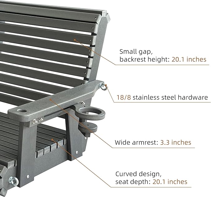 HDPE Porch Swing with 18/8 Stainless Steel Bolts, Ergonomic Design, Ultra - Image 4