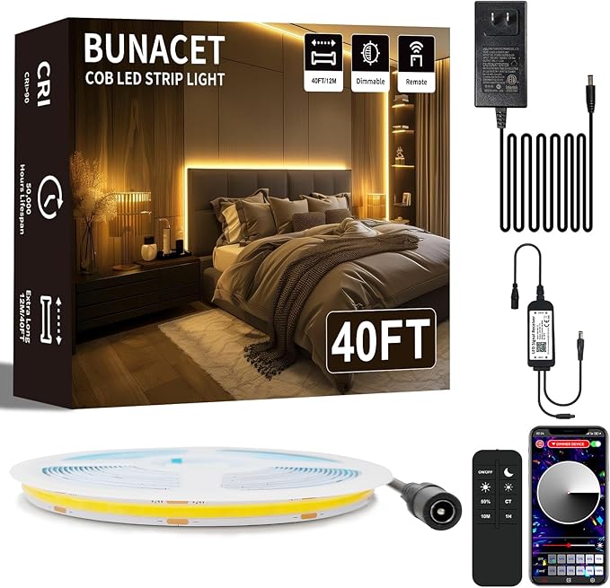 COB LED Strip Light 40ft/12m Warm White 3000K High Lumen CRI 90+ by BUNACET