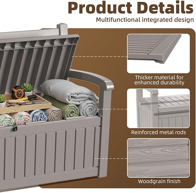 EasyUp 80 Gallon Wood Grain Style Outdoor Storage Bench, Waterproof and - Image 6