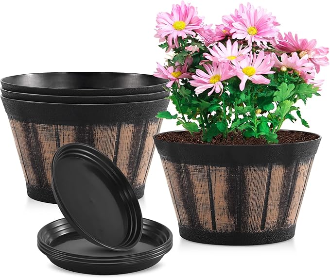 Quarut 8 inch Brown Plastic Whiskey Barrel Plant Pots Set of 4 by Quarut