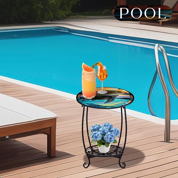Outdoor Side Table Round Small Mosaic Patio Accent Indoor End Plant Coffee Tea - Image 6