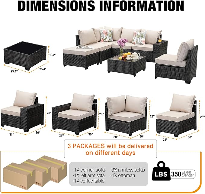 8 Pieces Patio Furniture Set All-Weather Outdoor Wicker Sectional Conversation - Image 3
