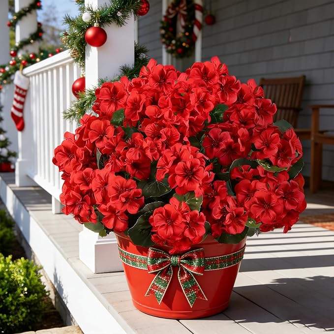 Artificial Flowers for Outdoors, 6 Bundles Realistic Silk Fake Red Geraniums - Image 9