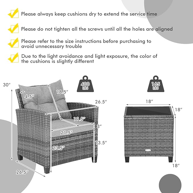 Tangkula 3 Pieces Patio Furniture Set, Outdoor PE Rattan Conversation Chair Set - Image 9