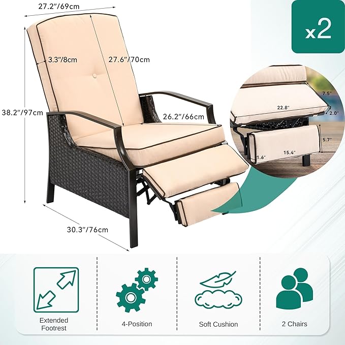 YITAHOME Outdoor Recliner Chair, 2-Piece Patio Adjustable Wicker Reclining - Image 5