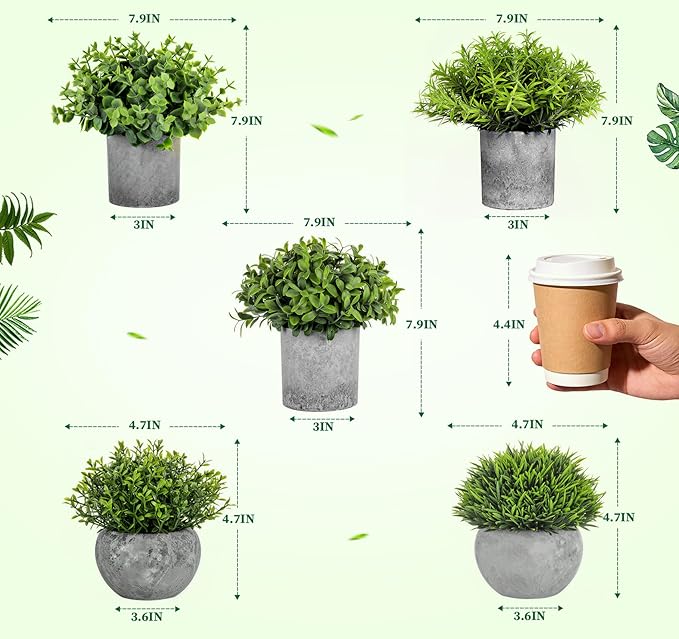 Fake Plants, 5 Pack Small Fake Plants Mini Potted Artificial Eucalyptus - Image 2