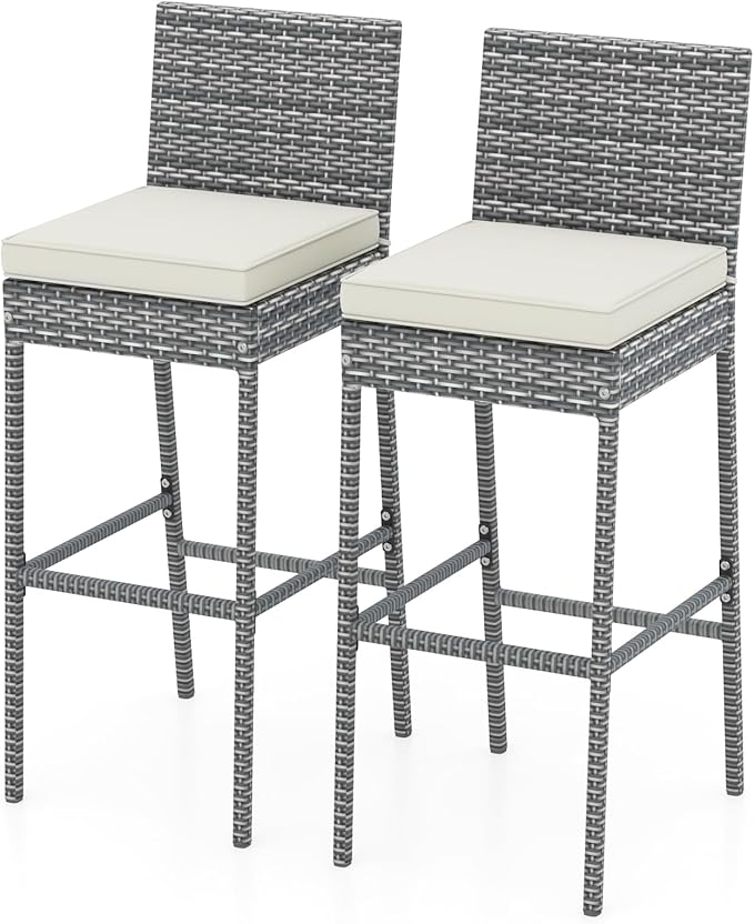 HAPPYGRILL Patio Wicker Barstools Set of 2, Outdoor Bar Height Chair w/Soft by HAPPYGRILL