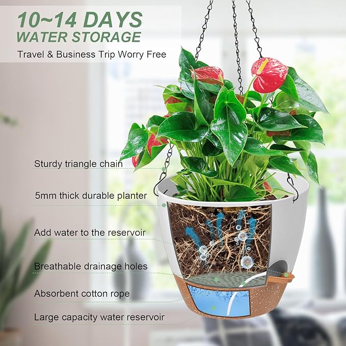 Hanging Planters for Indoor Outdoor Plants, 1 Set Self Watering Hanging Pot - Image 2