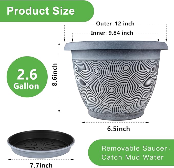 12 Inch Large Planter Pot for Plants Indoor Outdoor, 4 Pack Plastic Flower Pots - Image 4