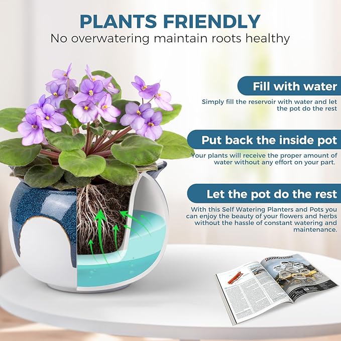 African Violet Pots, 6 inch Ceramic Easy Self Watering Plant Pot - Image 2