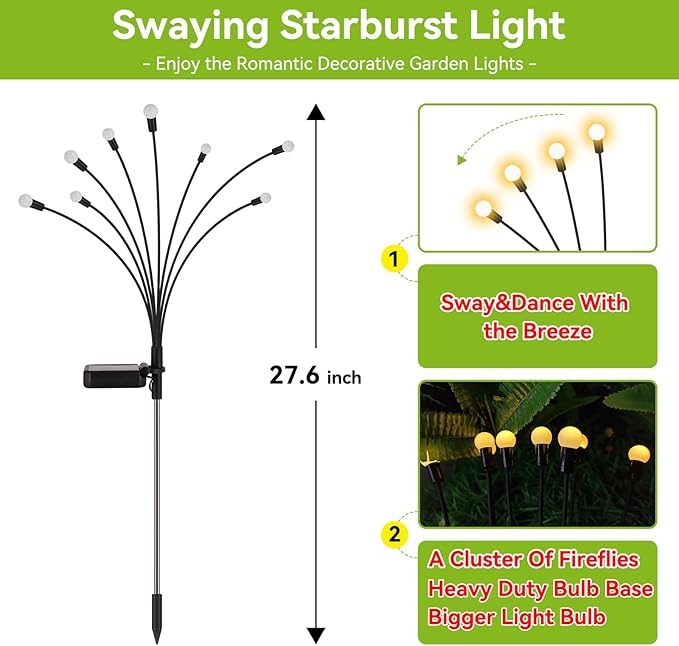 Solar Garden Lights Outdoor Waterproof, 6 Pack 48 LED Swaying Light Firefly - Image 2