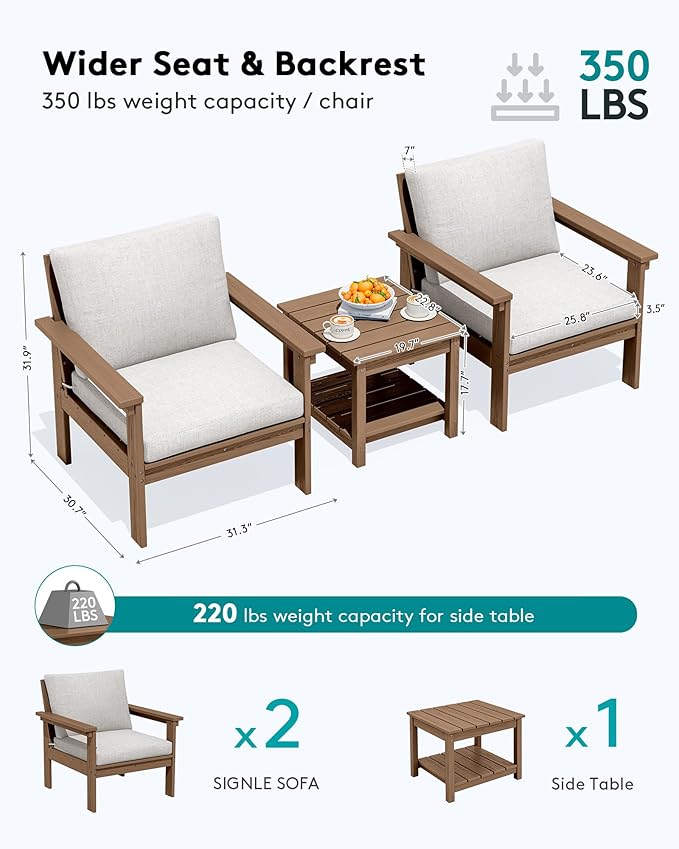 SERWALL HDPE Patio Sofa Set, 3-piece Sectional Outdoor Furniture Set, All - Image 2