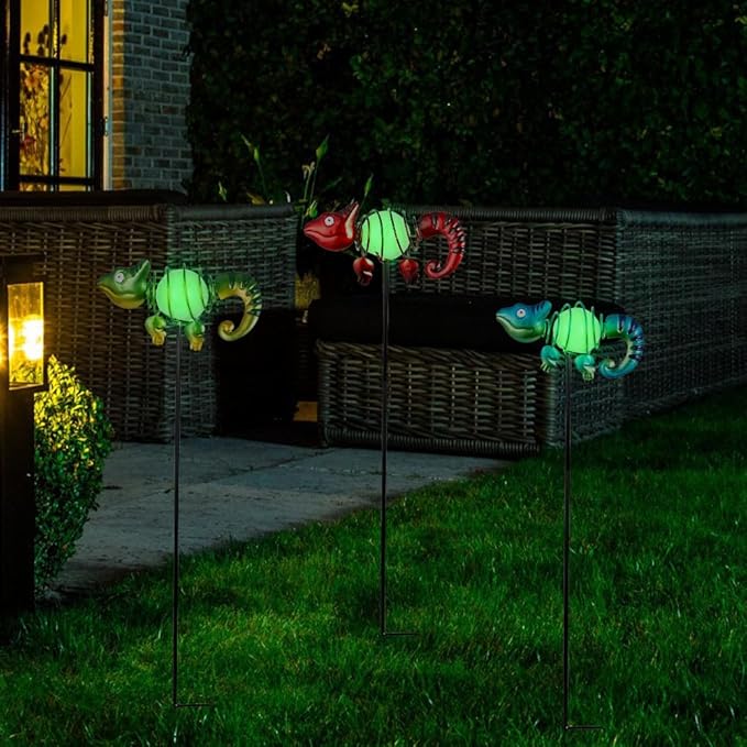 3 Pack Garden Stakes Decorative, Cute Chameleons Glow in The Dark Metal Garden - Image 2