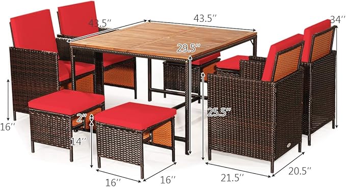 Tangkula 9 Pieces Acacia Wood Patio Dining Set, Space Saving Wicker Chairs and - Image 5