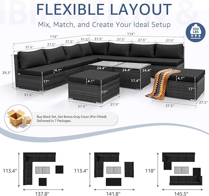 NICESOUL 11 Piece Modern L Shaped Outdoor Sofa Set, 29.3'' High Back Comfy Big - Image 4