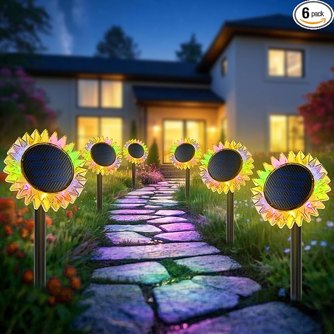 Outdoor Solar Lights, 6 Pack Led Solar Sunflower Lights, Stake/Wall 2-in-1 by GIUNN