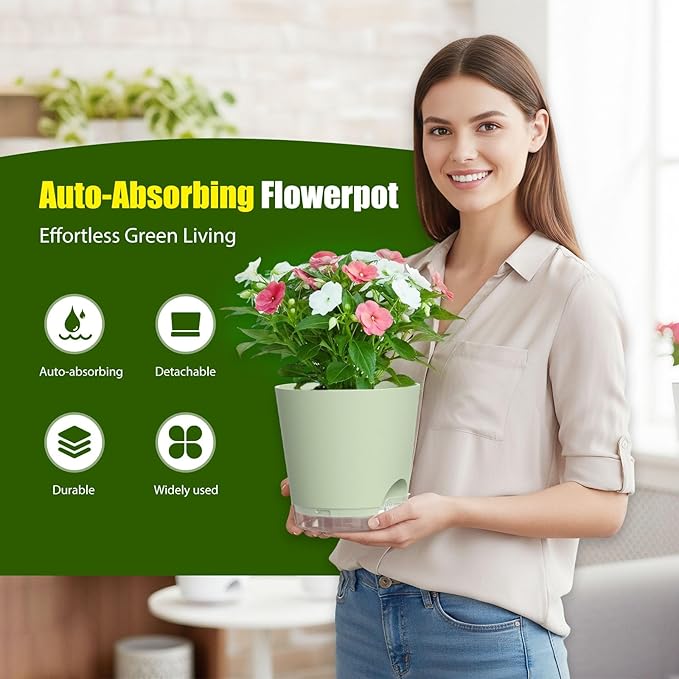 Plant Pots 8 Inch Self Watering Pots, 2 Pack Plastic Planters - Image 2