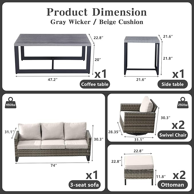 Belord 7 PCS Outdoor Furniture Set, Mixed Grey Wicker, Includes Swivel Rocker - Image 3