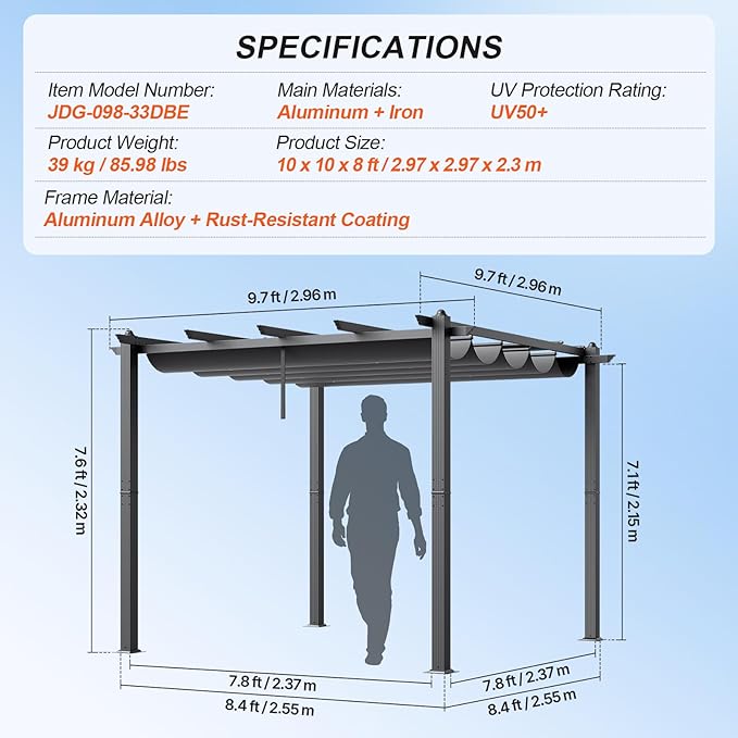 VEVOR 10'x10' Outdoor Retractable Pergola - Image 7