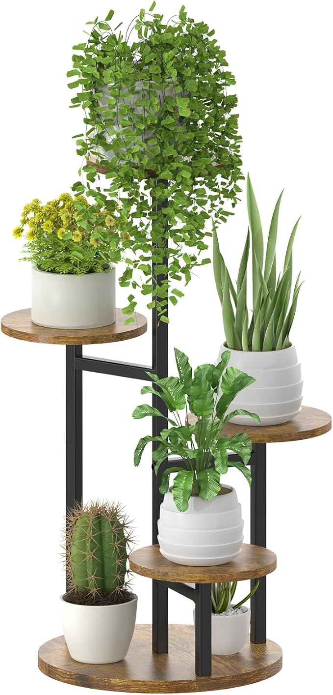 5 Tier Plant Stand Indoor, Metal Wood Flower Holder, Heavy Duty Tall Round by Oppro