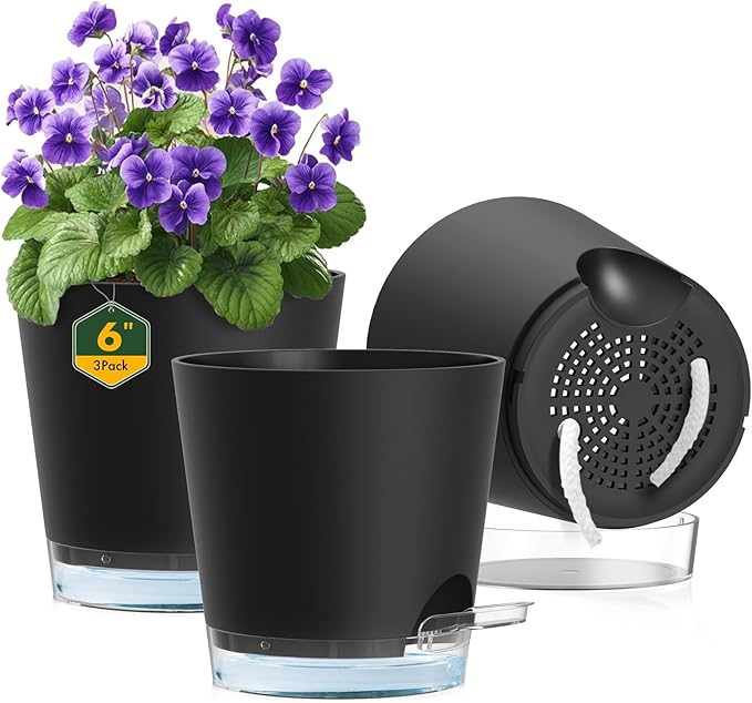 6 inch Self Watering Pots for Indoor Outdoor Plants, 3 Pack Flower Plant Pots by Meowell
