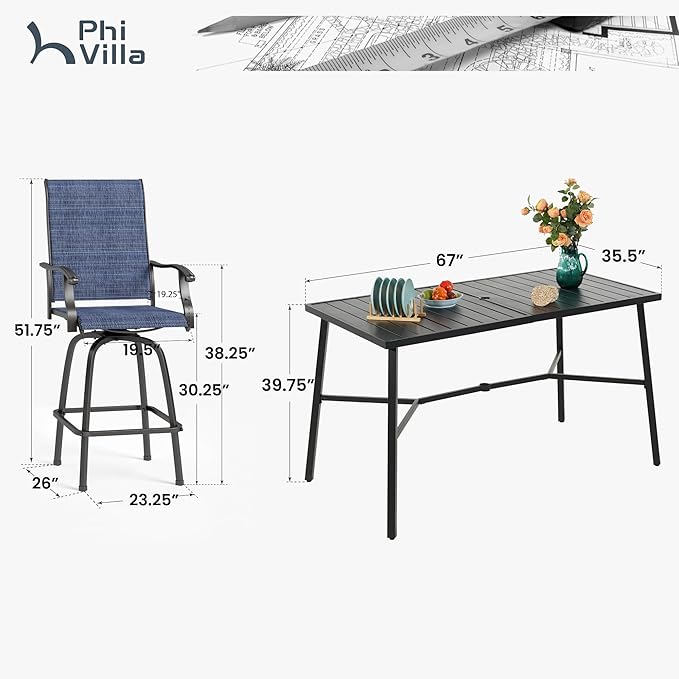 PHI VILLA Outdoor Bar Set, 7 Piece Patio Dining Table and Swivel Bar Stools - Image 9
