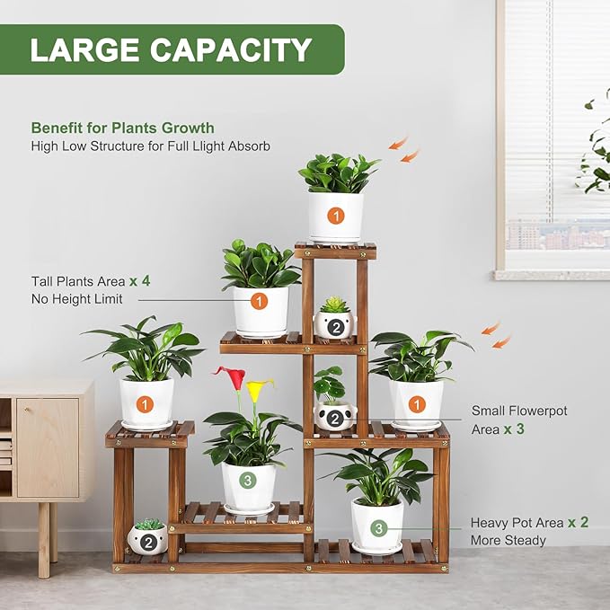 Wood Plant Stand Indoor Outdoor Multi Tiered Corner Plant Shelf Holder High Low - Image 3