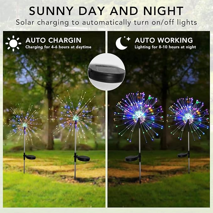 FOOING 4 Pcs Solar Garden Lights Solar Firework Lights Waterproof, 120 LED - Image 3
