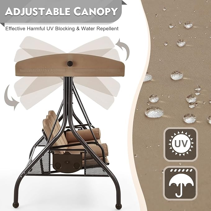 HOMREST 3 Seat Outdoor Porch Swing - Image 3