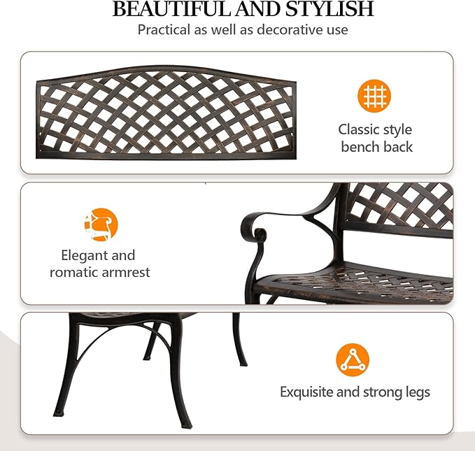 VINGLI 40.5" Patio Garden Bench, Anti- Rust Cast Iron Cast Aluminum Frame - Image 4