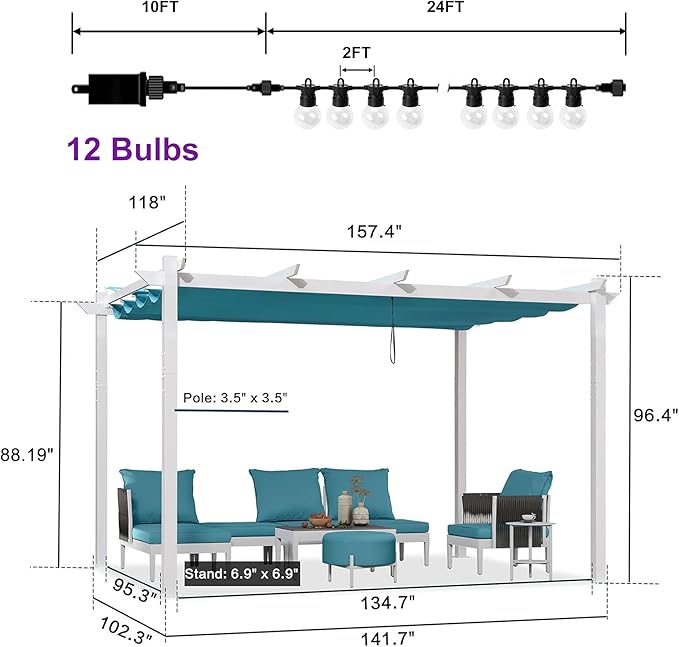 PURPLE LEAF 10' x 13' Outdoor Aluminum Pergola White Heavy-Duty Retractable - Image 6