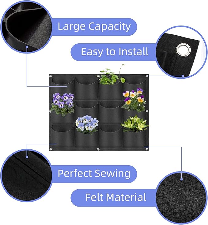 12 Pockets Hanging Planter Bags, Hanging Vertical Wall Mounted Plant Planting - Image 4