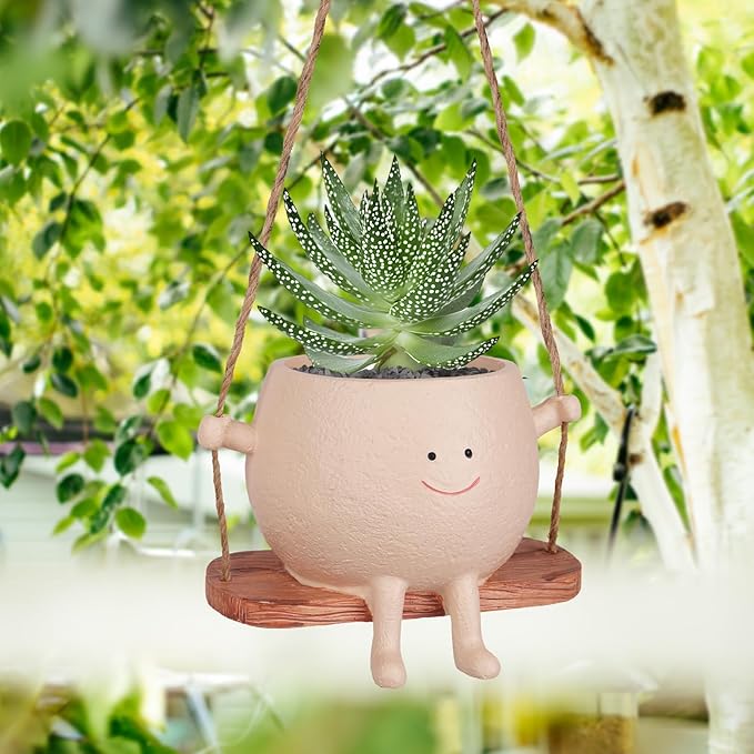 AFFLAT Smiley Face Flower Pot, Swinging Hanging Planter, Resin Smiley Face - Image 7