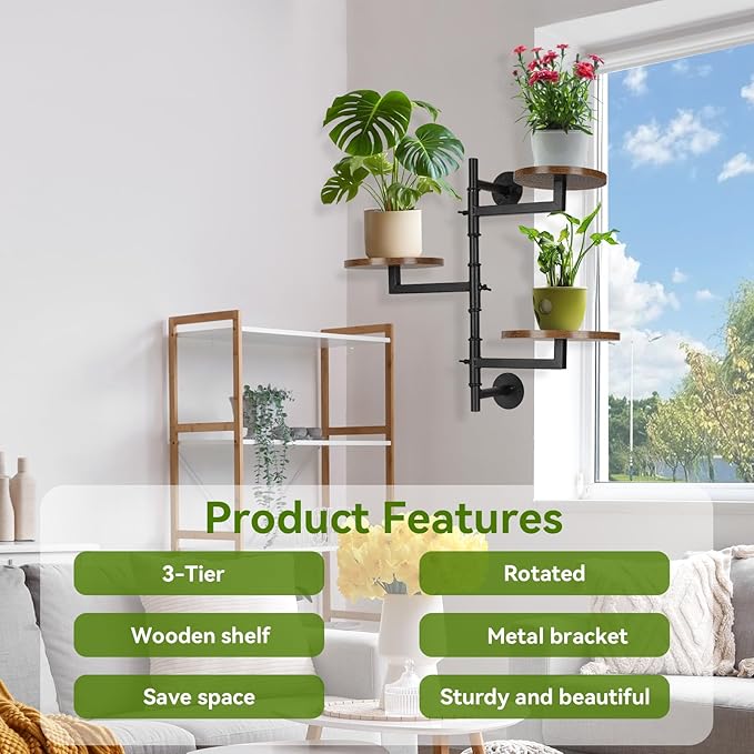Wooden Rotatable Window Sill Plant Stand, 3 Tier Wall Plant Holder, 180 Degree - Image 6