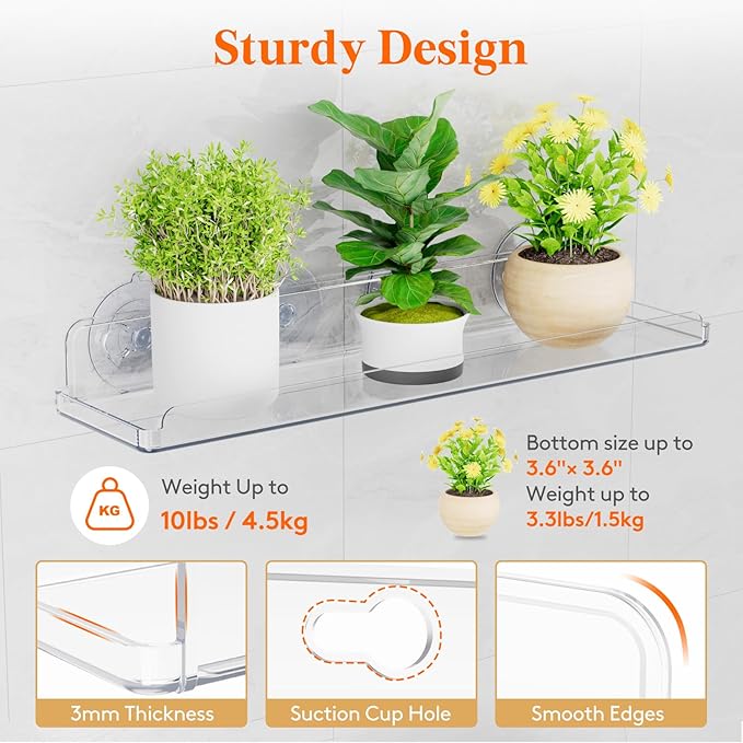 Lifewit Window Plant Floating Shelves 14.6x3.6, 2 Pack Acrylic Suction Cup Shelf - Image 4