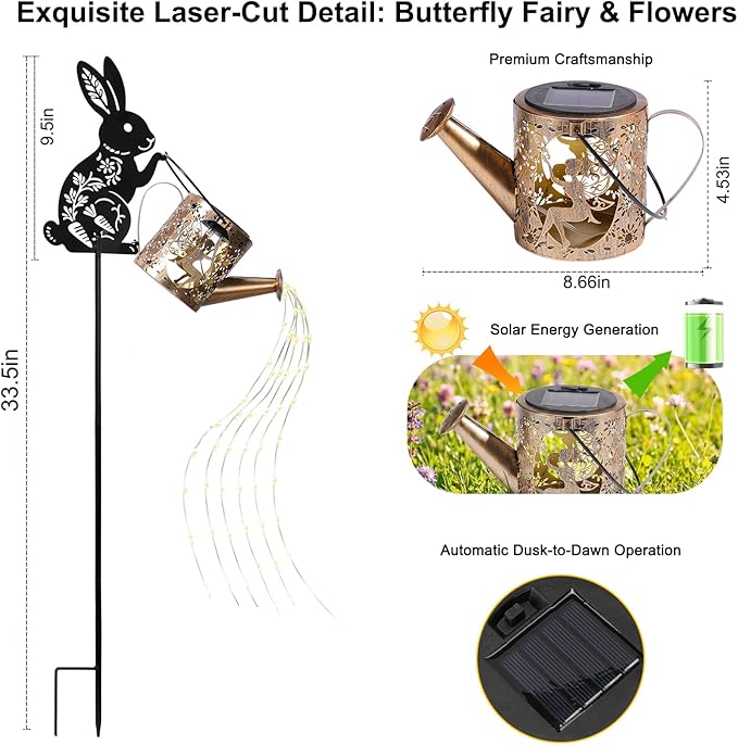 Solar Watering Can Light with Bunny Silhouette Stake & Fairy Design - Image 2